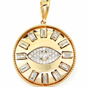 Evil Eye Baguette Diamond Medallion Pendant 14k Solid Gold 0.80ctw
