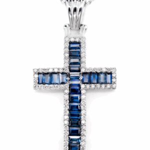 Sapphire Cross With Diamond Halo Pendant Necklace Attached 14k Solid Gold 2.90ctw